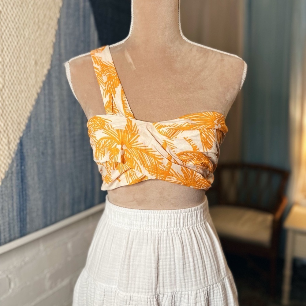 Future Collective Alani Noelle Orange Tropical Print Asymmetrical Strap Crop Top